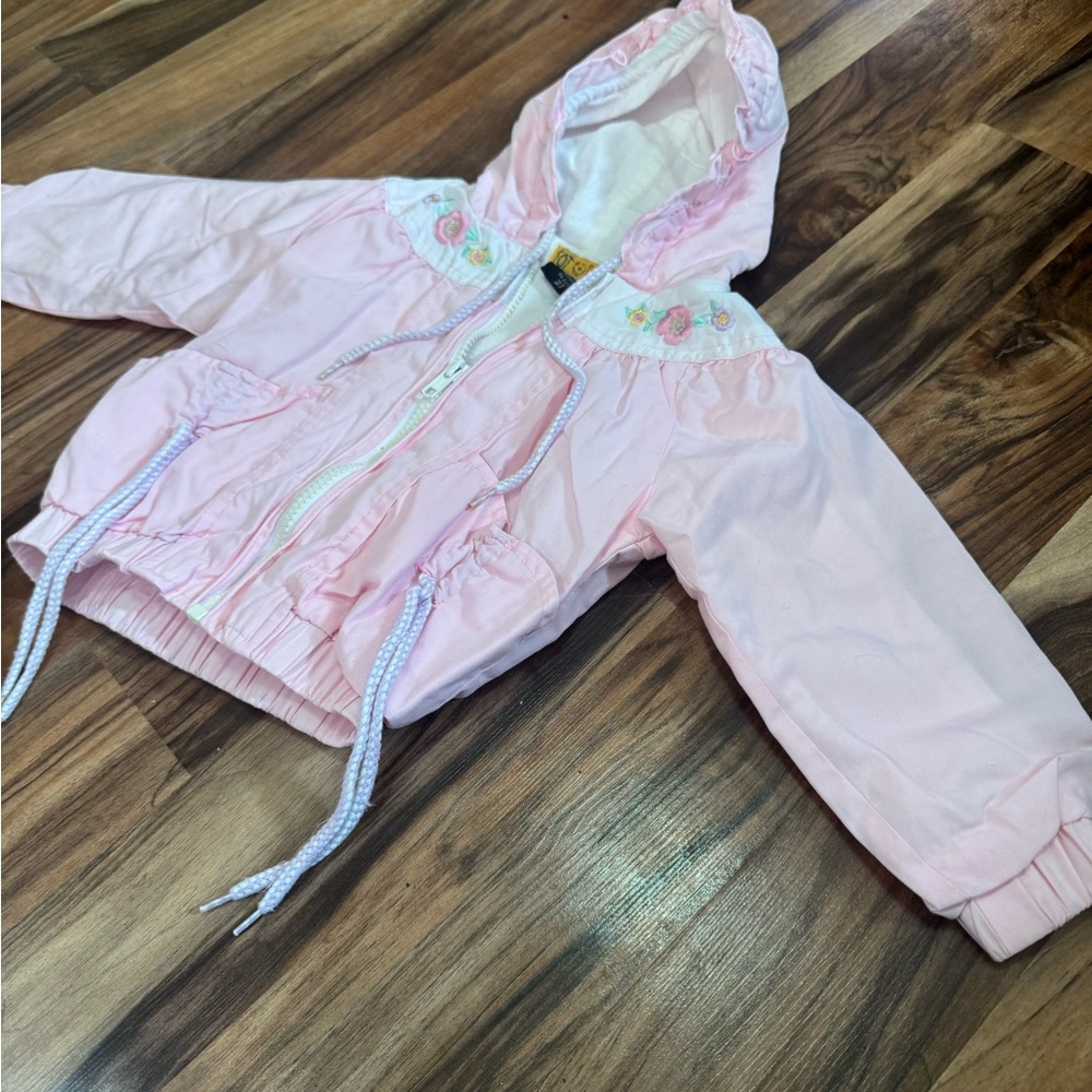 Vintage flower embroidered pink windbreaker with hood 2T - Picture 4 of 8